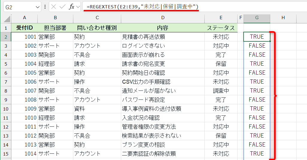 セルG2に「=REGEXTEST(E2:E39,"未対応|保留|調査中")」と入力した結果。ステータスが「未対応または保留または調査中」の場合に「TRUE」となる
