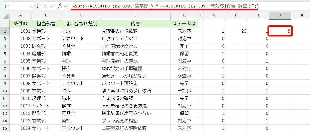 REGEXTEST関数とSUM関数を組み合わせて、担当部署が「営業部」かつ、ステータスが「未対応または保留または調査中」の条件を満たすデータの件数を求めた