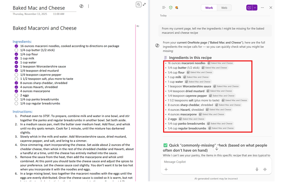 従来の「Copilot in OneNote」。チェックボックスのON/OFFを判別できていない