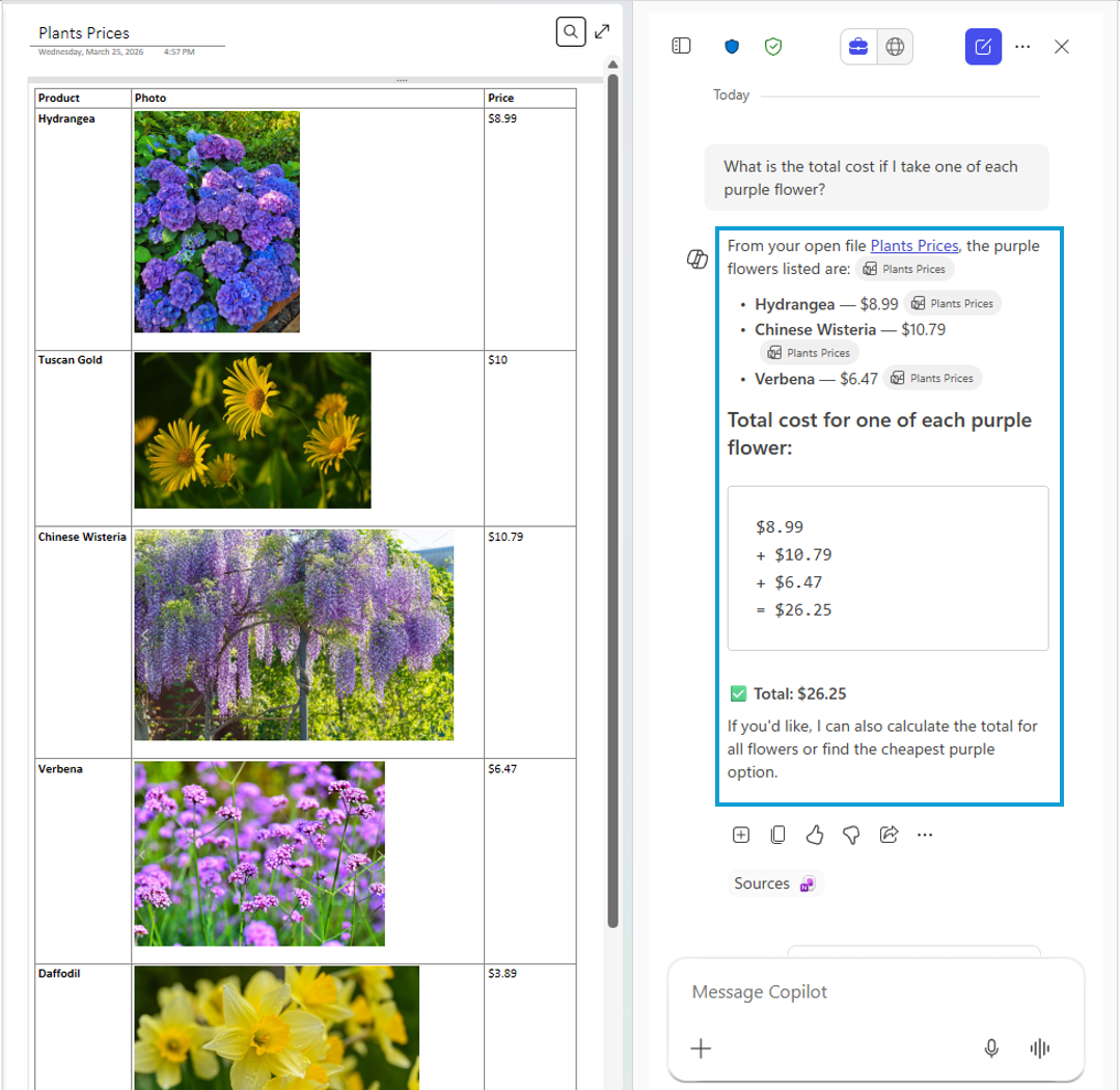 最新版の「Copilot in OneNote」。画像を認識し、紫の花の合計金額を算出できている