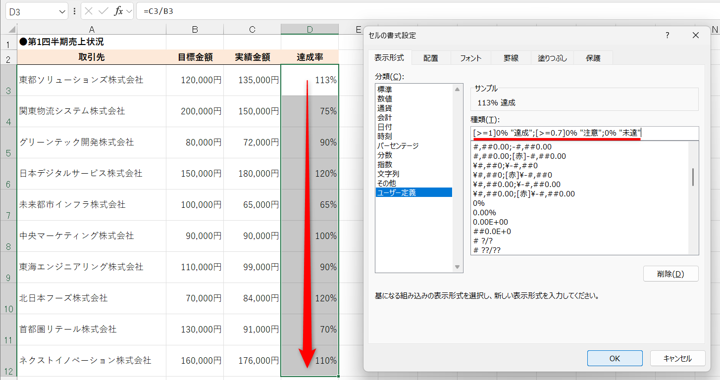 表示形式を設定するセル範囲を選択して、［Ctrl］＋［1］キーを押す。［ユーザー定義］の［種類］に「[>=1]0% "達成";[>=0.7]0% "注意";0% "未達"」と入力する