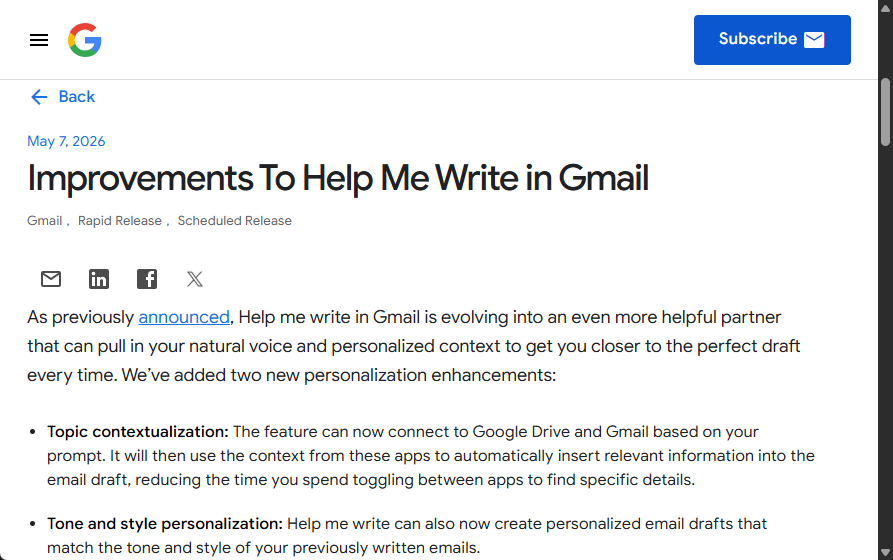 「Gmail」のHelp me writeが大幅強化