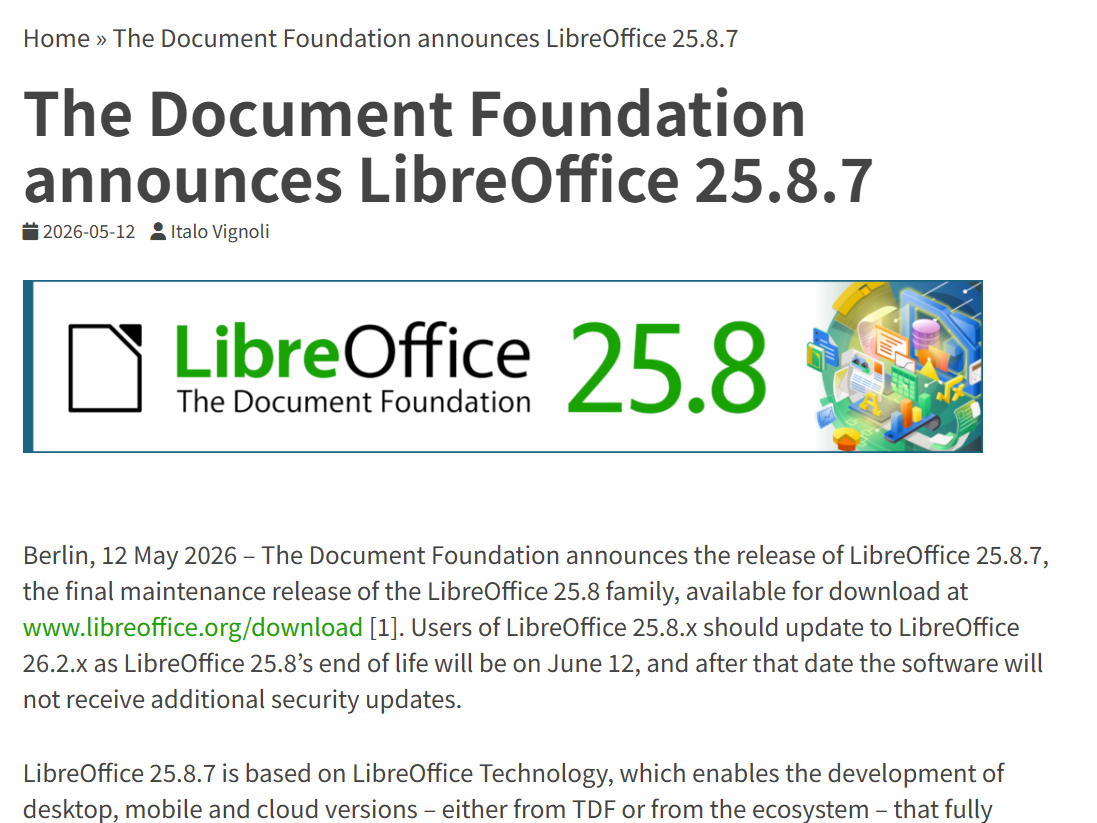 「LibreOffice 25.8.7」が公開、今回がシリーズ最終のメンテナンスアップデート