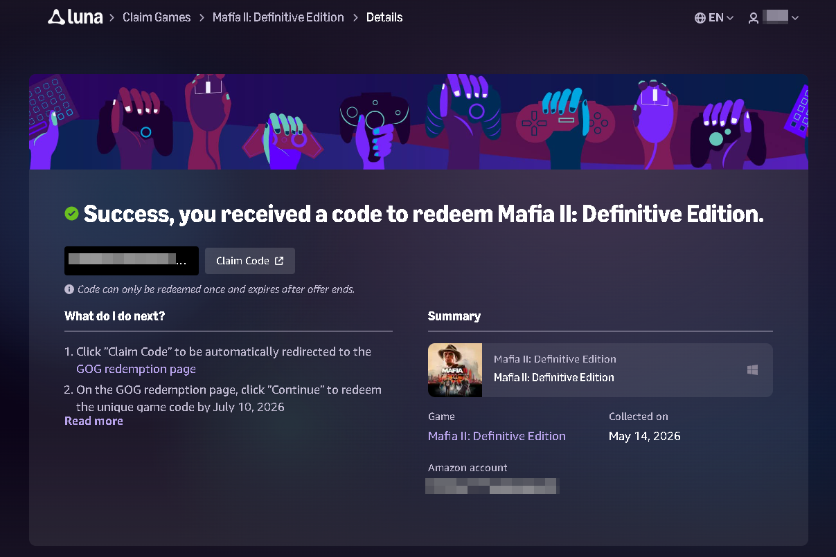 「Amazon Luna」で特典のゲームを受け取ったところ。「GOG」でコード入力を促される（実際は「GOG.com」に遷移後、自動でコード入力される）