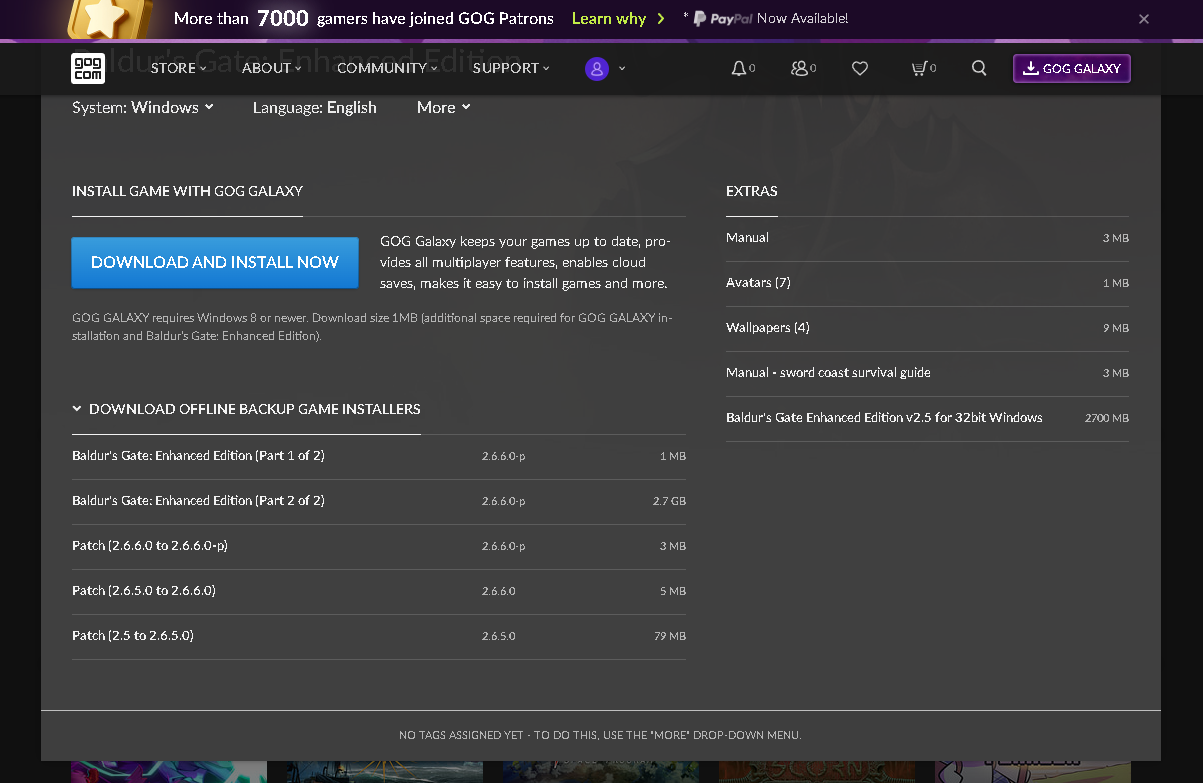 「Baldur's Gate: Enhanced Edition」を選択すると、「GOG Galaxy」でインストールするか、オフラインで利用可能なインストーラーをダウンロードするかを選べる。今回は下の方にあるインストーラーを利用する