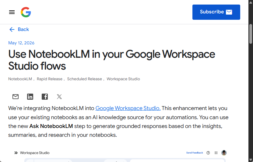 「Google Workspace Studio」に「NotebookLM」が統合