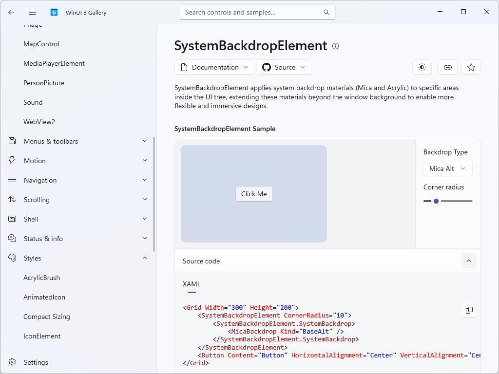 「SystemBackdropElement」コンポーネント