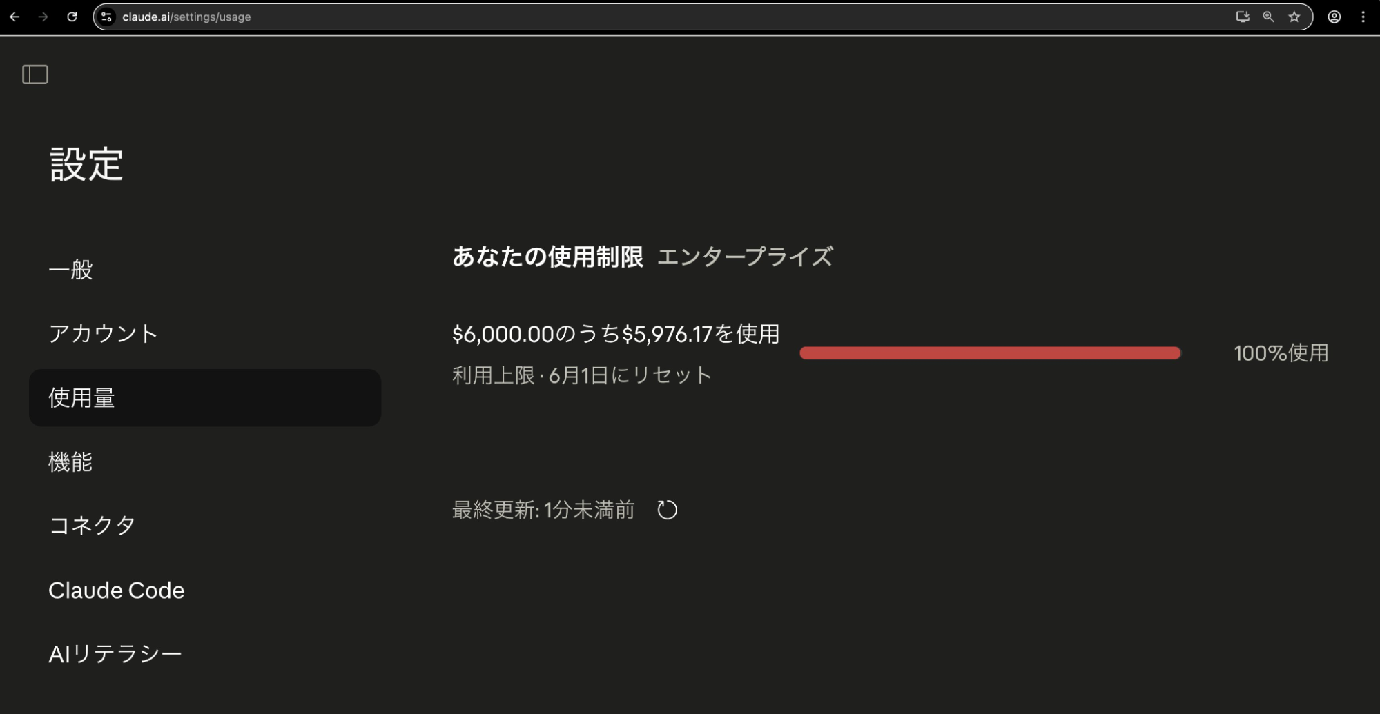「Claude Code」のコスト画面スクリーンショット：6月1日までの月額利用料が6,000米ドル、日本円で95万円。まだ半月以上残っているのに100万円を超えてしまいそうなことがわかるClaude Codeの設定画面