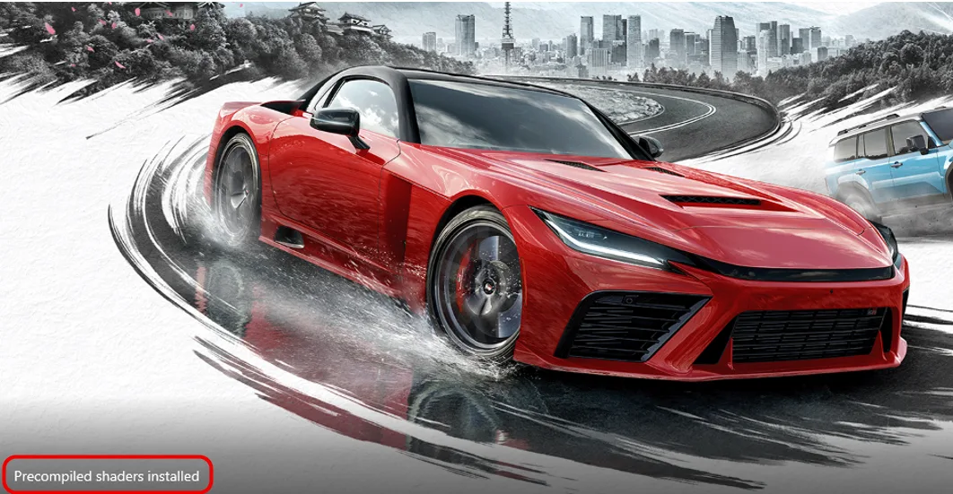 「Forza Horizon 6」で「Advanced Shader Delivery」が使われている場合、起動時の画面に「Precompiled shaders installed（事前コンパイルされたシェーダーがインストール済み）」という文字が出る