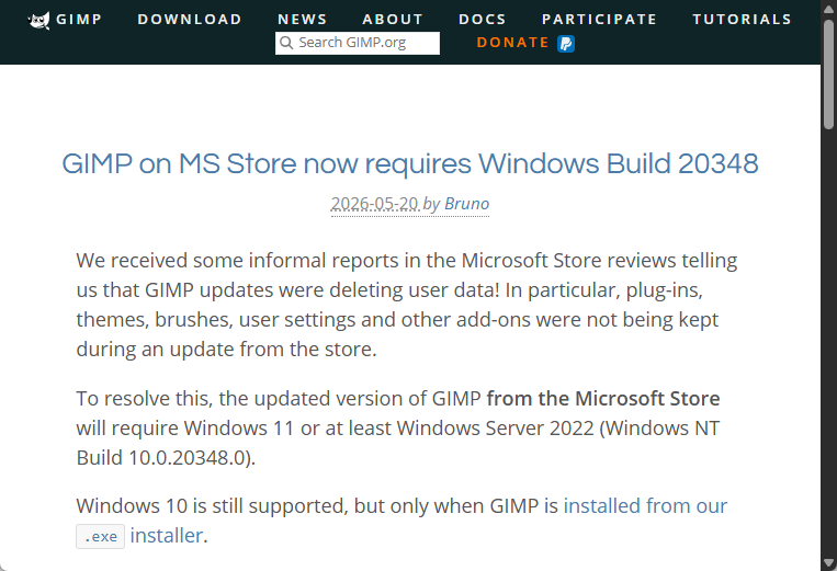 Microsoft Store版「GIMP」をアップデートするとユーザーデータが削除される恐れ