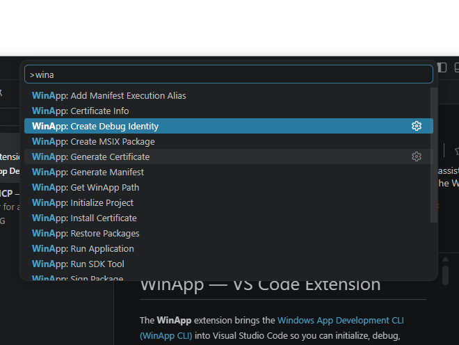 コマンドパレットで「winapp」コマンドにアクセス。どのプログラミング言語でも［F5］キーだけでデバッグ開始