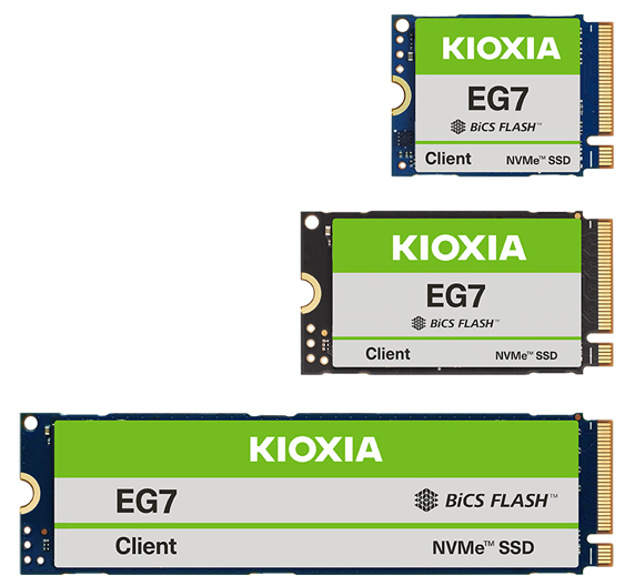 キオクシアのSSD「EG7」シリーズ。上から順に、Type2230、Type2242、Type2280の3タイプ