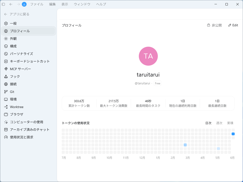 利用状況の統計やトークンの消費量などを確認できる［プロフィール］設定画面