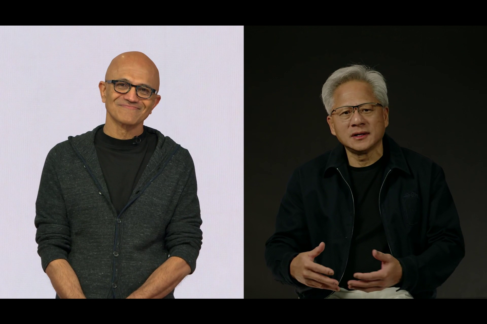 リモートで登場したジェンスン・フアンCEO（右）と、Microsoftのサティア・ナデラCEO（左）