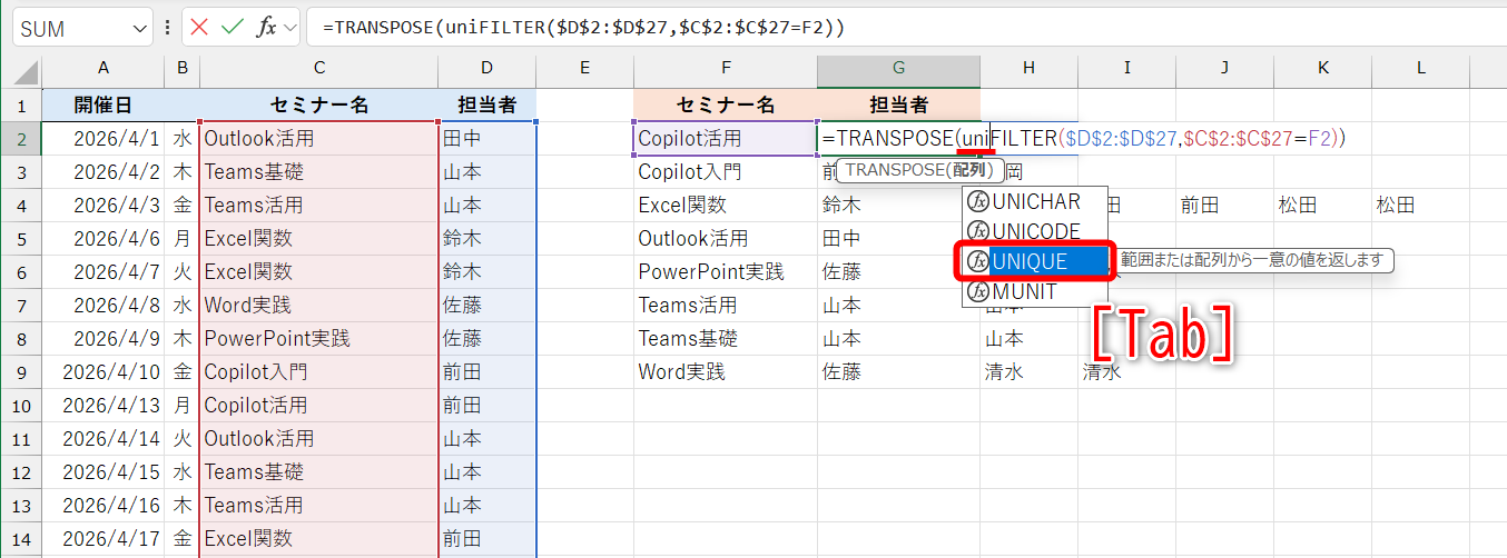 「TRANSPOSE(」の後ろにカーソルを移動して「uni」と入力すると、入力候補の関数が一覧で表示される。「UNIQUE」を選択して［Tab］キーを押す
