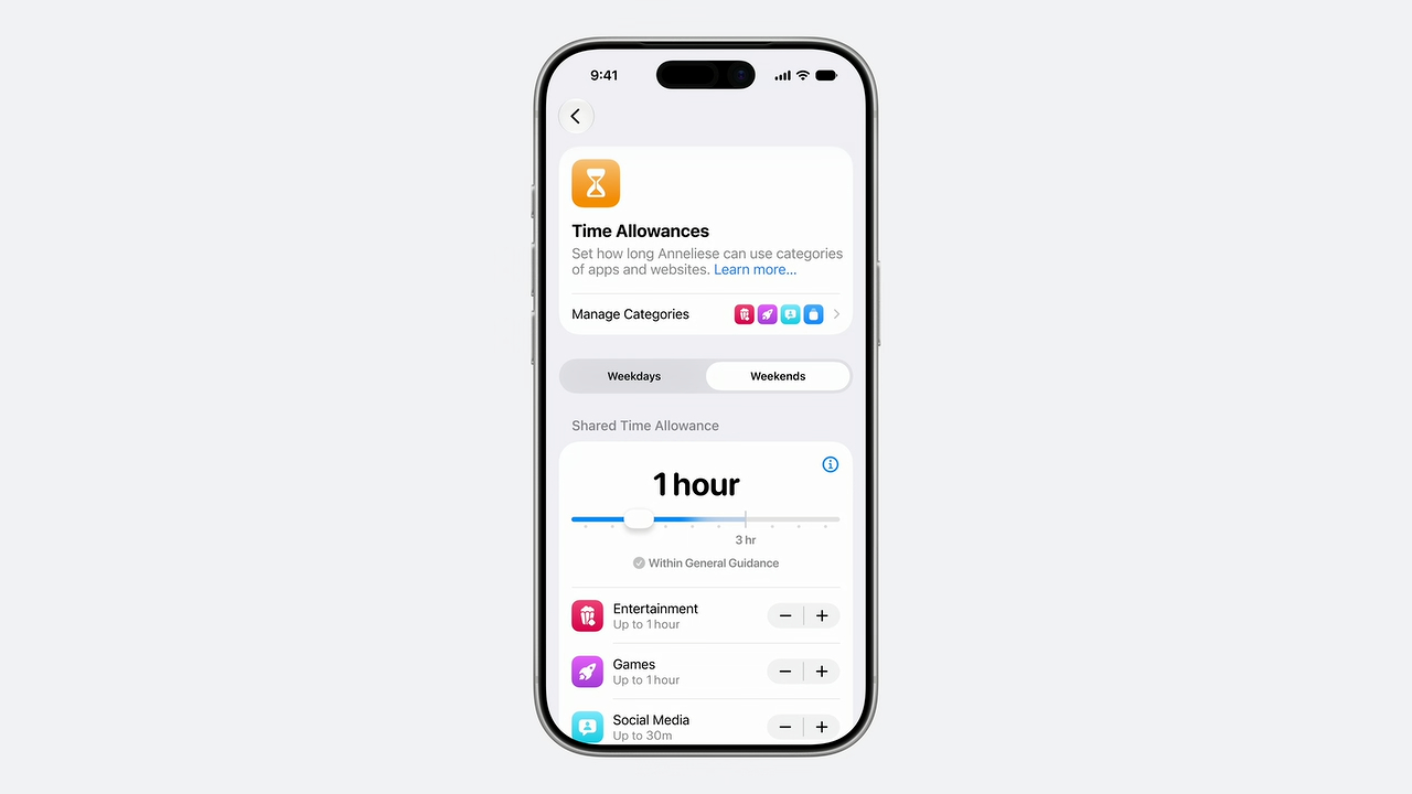 新機能「許容時間」（Time Allowance）では、エンターテインメント、ゲーム、ソーシャルメディアといったカテゴリーごとに、子どもがアプリを使える時間を管理