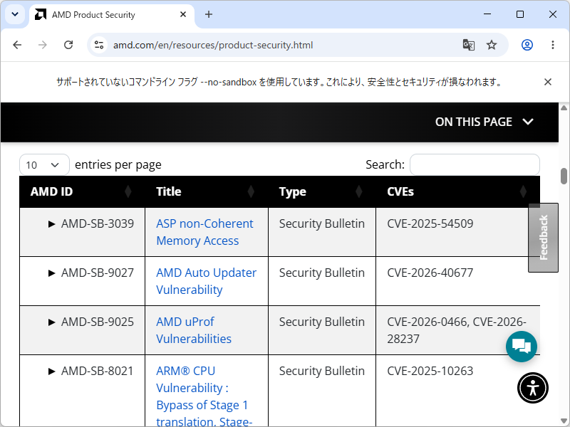 AMDのセキュリティ情報ページ