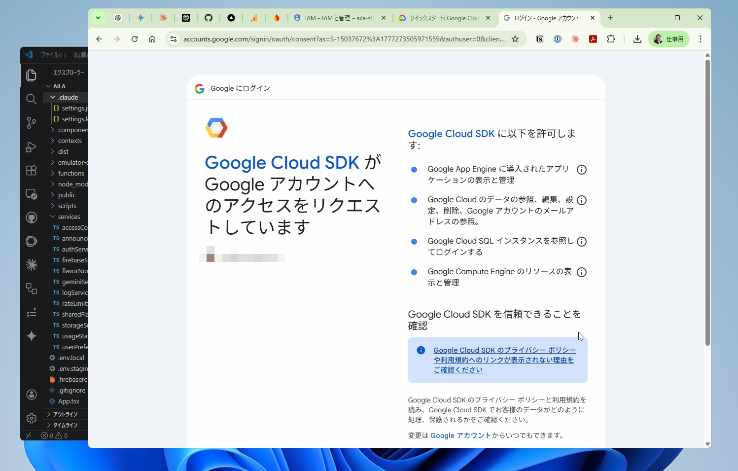 途中、Google Cloudのアクセス設定画面が開くので許可する