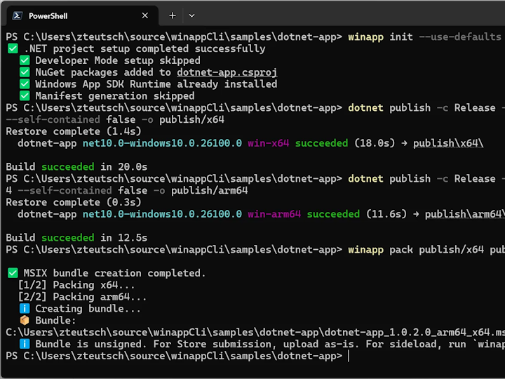 「pack」コマンドでMSIXバンドルを作成