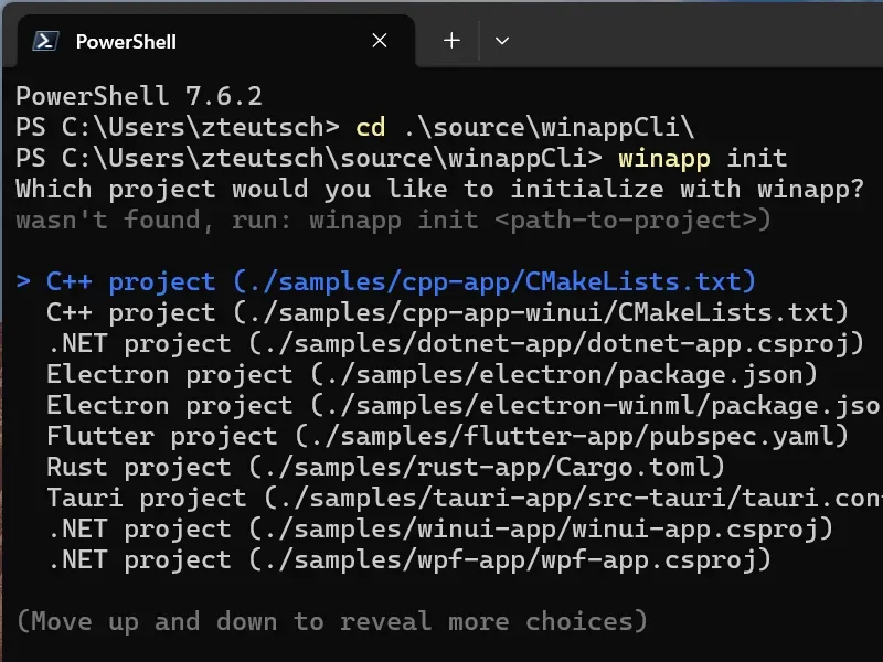 「winapp init」が複数のプロジェクト型を自動検出