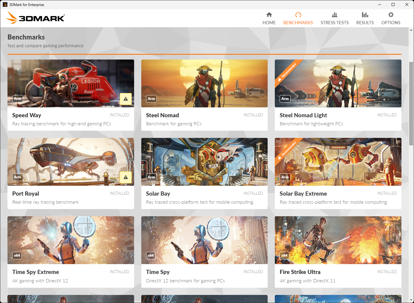 「3DMark」のテスト選択画面。Arm対応のテストには「Arm」のアイコンがある