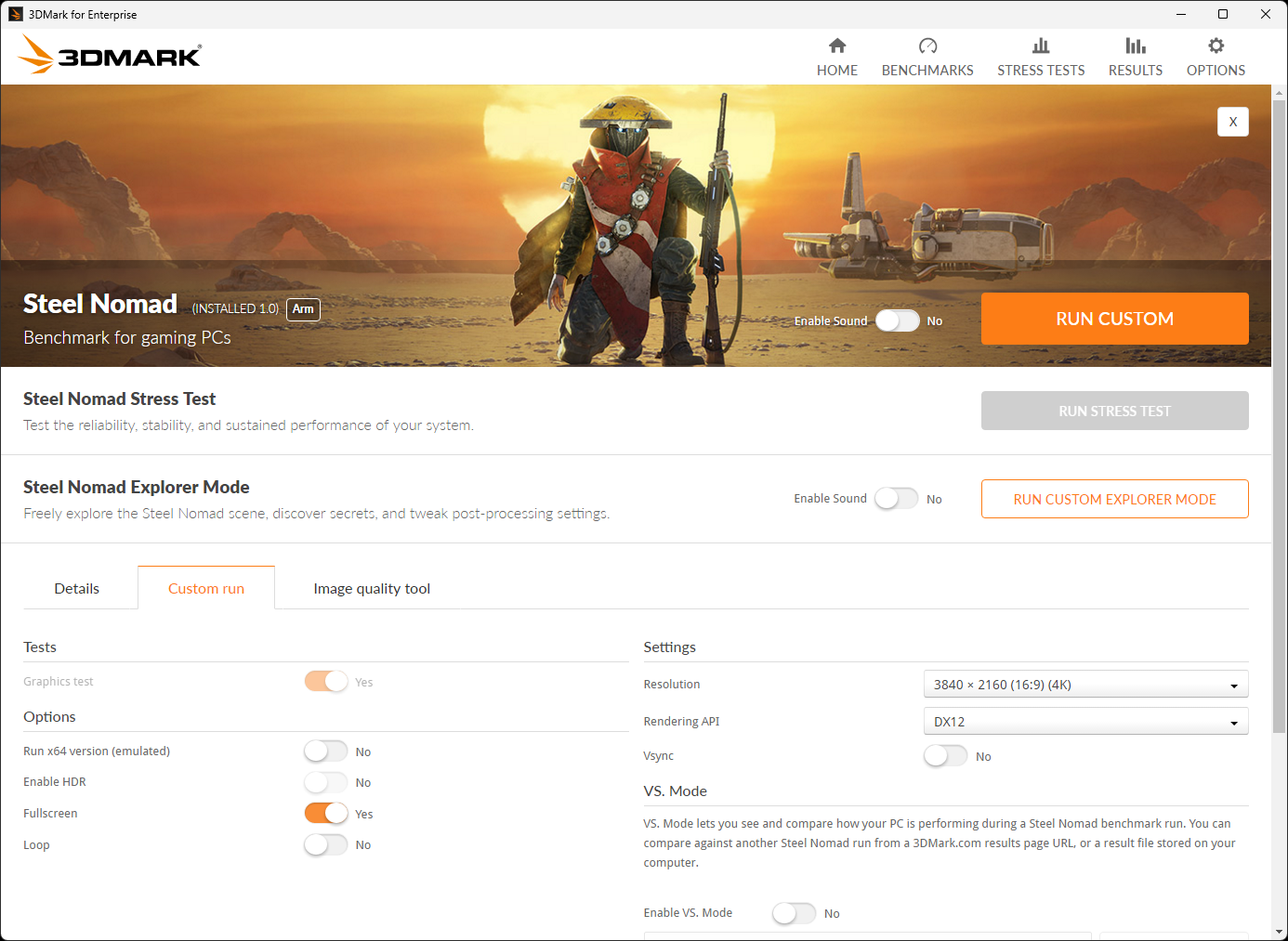 Arm対応の「Steel Nomad」で「Custom Run」を開くと、「Run x64 version（emulated）」の項目がある