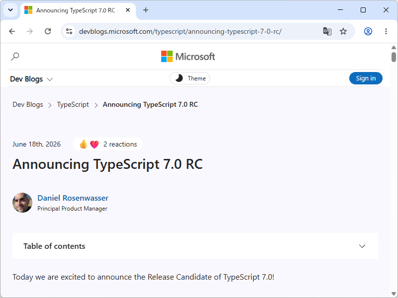 「TypeScript 7.0」のリリース候補（RC）が公開