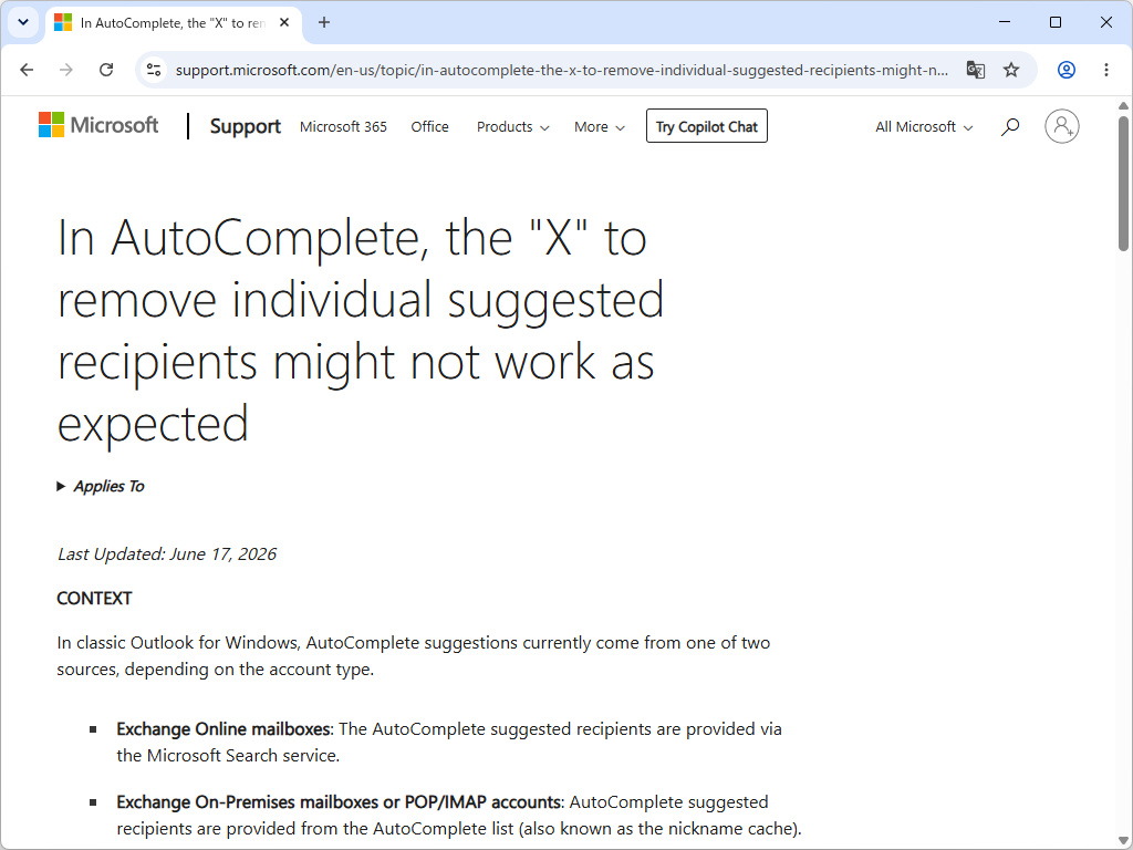 オートコンプリートの候補を「×」で削除しても再び表示される（Exchange Onlineの場合）