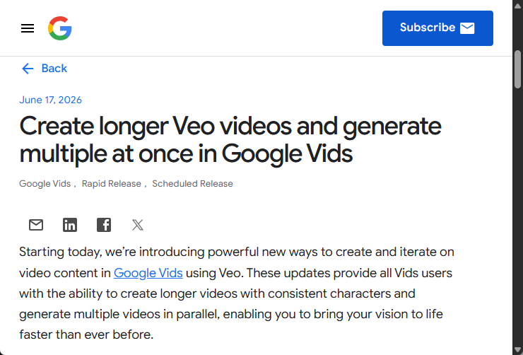 「Google Vids」で動画生成AIのVeoが短い動画を連続性を維持したまま長さを延長可能に