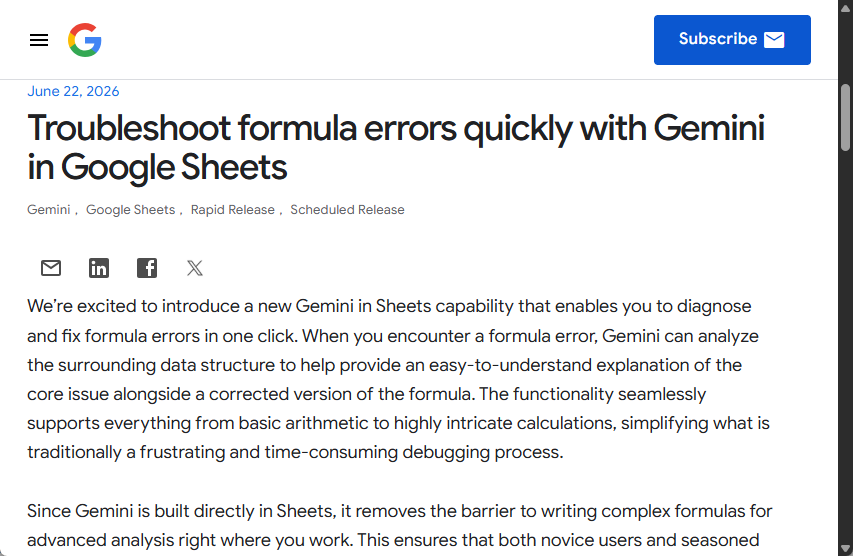 「Google スプレッドシート」のGeminiに数式エラーをワンクリック修正する機能が追加
