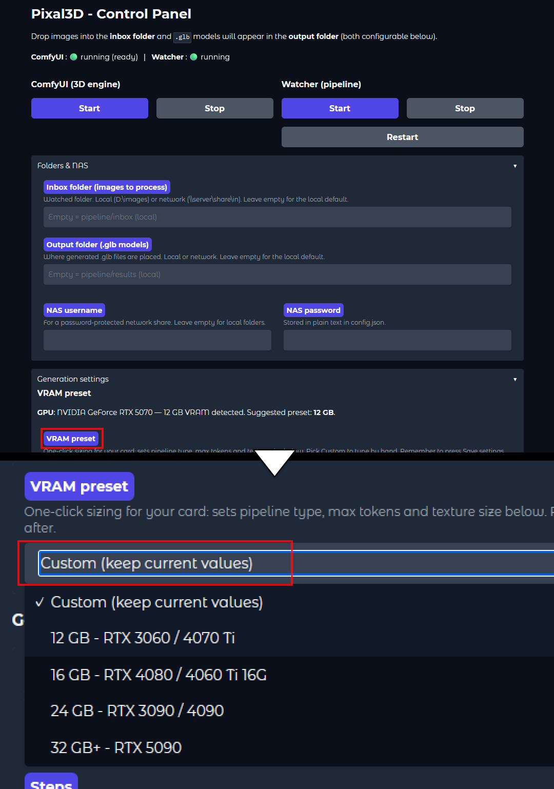 「VRAM preset」の下のセレクターからPCのGPUに適したプリセットを選択し、さらに下の［Save Settings］ボタンをクリックして設定を保存