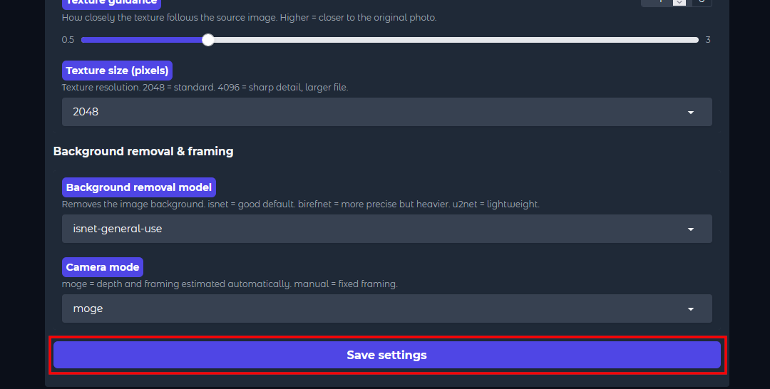 「VRAM preset」の下のセレクターからPCのGPUに適したプリセットを選択し、さらに下の［Save Settings］ボタンをクリックして設定を保存