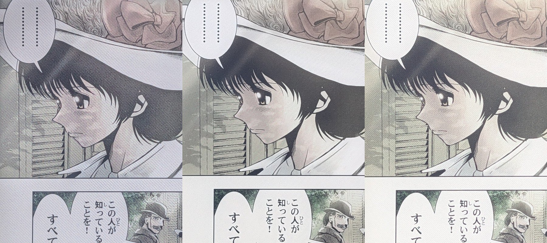 画質の比較。左から「Kindle Colorsoft」、「Kindle Scribe Colorsoft」（単ページ）、「Kindle Scribe Colorsoft」（見開き）。カラーE Inkならではの彩度の低さが特徴だが、見開きにした状態でもクオリティ自体は十分に高いことが分かる