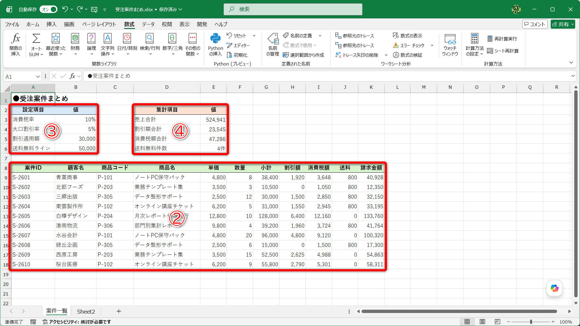 下部には案件ごとの明細があります（②）。上部には「消費税率」「大口割引率」「割引適用額」「送料無料ライン」という設定値（③）と、「売上合計」「割引額合計」「消費税額合計」「送料無料件数」という集計項目を用意してあります（④）。