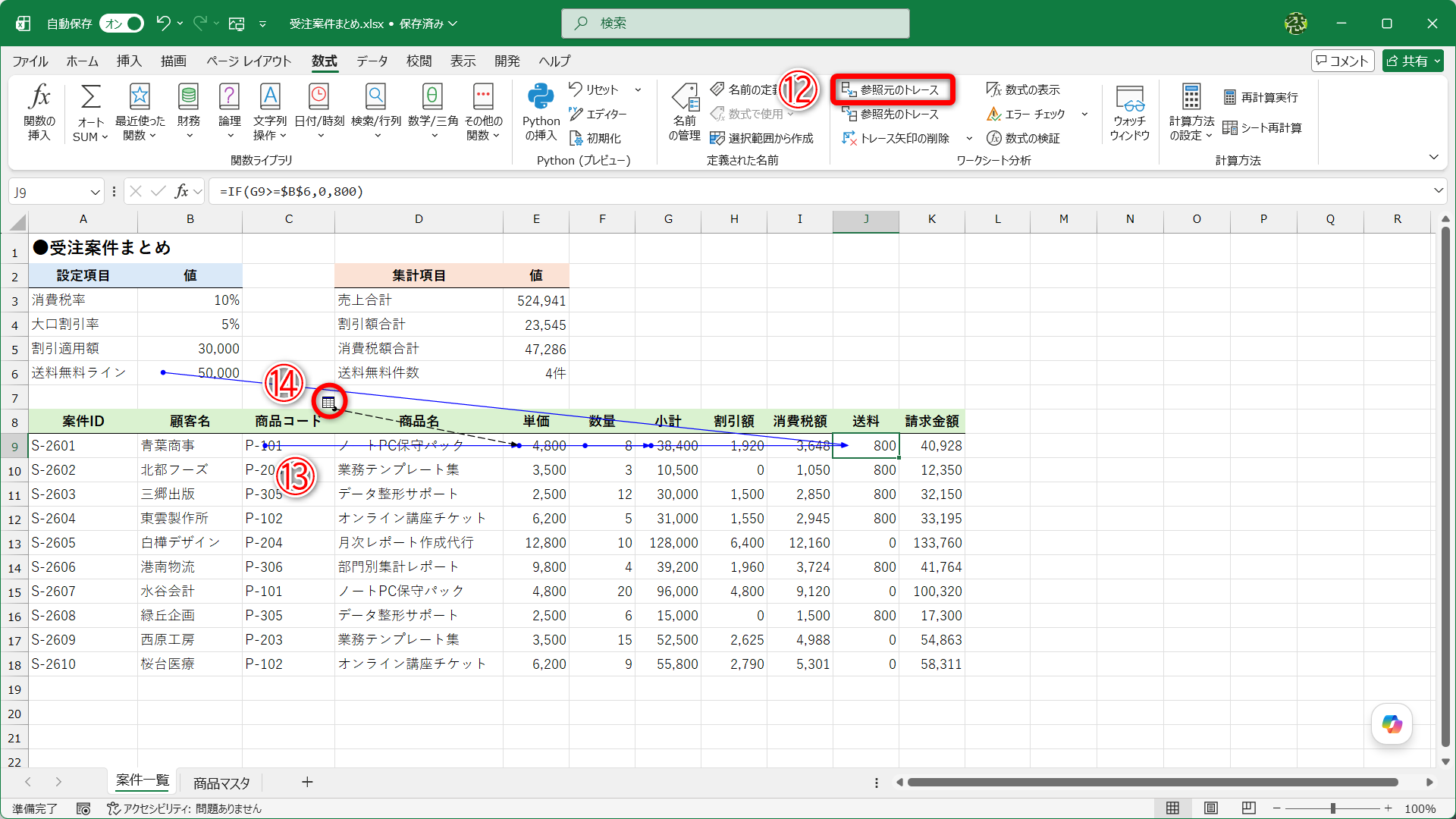 もう一度［参照元のトレース］（⑫）をクリックします。セルE9に入力された単価の数式「=XLOOKUP(C9,商品マスタ!$A$2:$A$7,商品マスタ!$C$2:$C$7)」が参照する商品コード（C9）と商品マスタシートからの矢印が表示されます（⑬）。別のシートを参照している場合はアイコン（⑭）が表示されます
