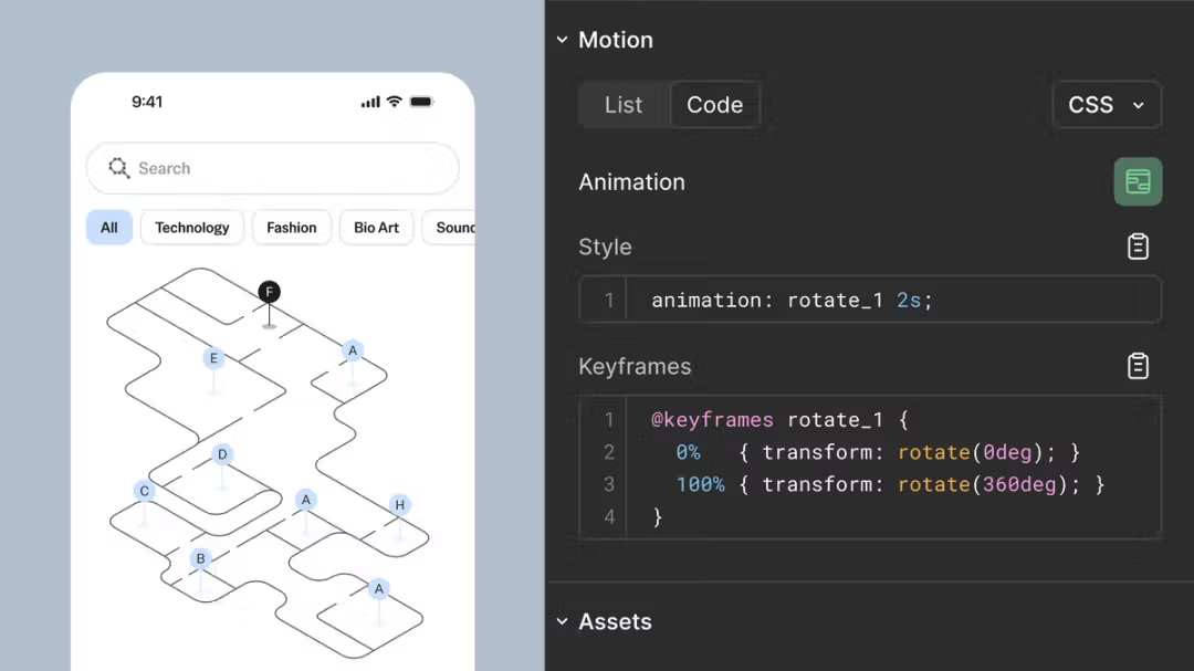 タイムライン上のタイミング値やイージングカーブを読み取り、CSS、JSON、Reactのコードとして直接コピーできる（出典：Figma）