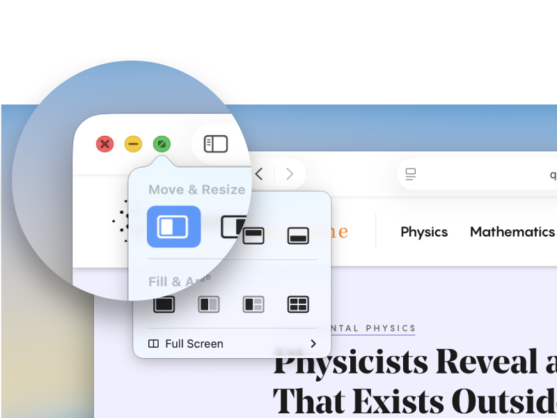 macOSの緑ボタン。単にクリックするとウィンドウをフルスクリーン（全画面）表示にする（Appleのサポートページより引用）