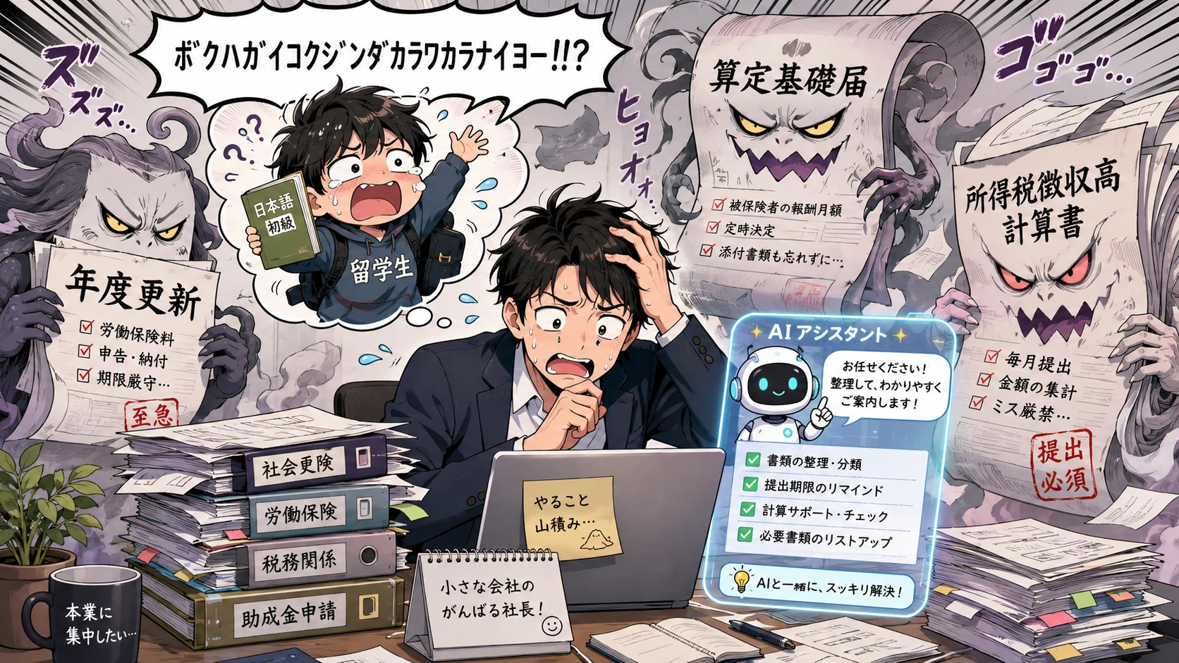 頭を抱える経営者に、AIアシスタント（チャッピー）が『お任せください！ 整理して、わかりやすくご案内します！』と寄り添う。年度更新・算定基礎届・所得税徴収高計算書の妖怪も、“心の中の留学生”の『ボクハガイコクジンダカラワカラナイヨー!?』も、AIと一緒ならスッキリ解決