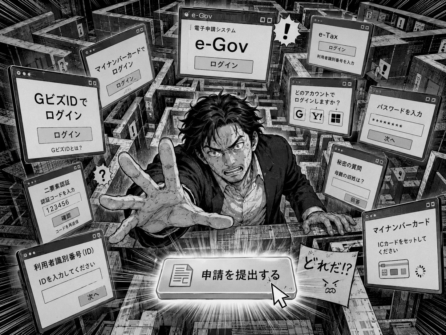 電子申請の入口は『GビズIDでログイン』。だがe-Gov・マイナンバーカード・e-Tax・二要素認証……ログイン画面の迷宮のなかで『どれだ!?』と経営者は手を伸ばす