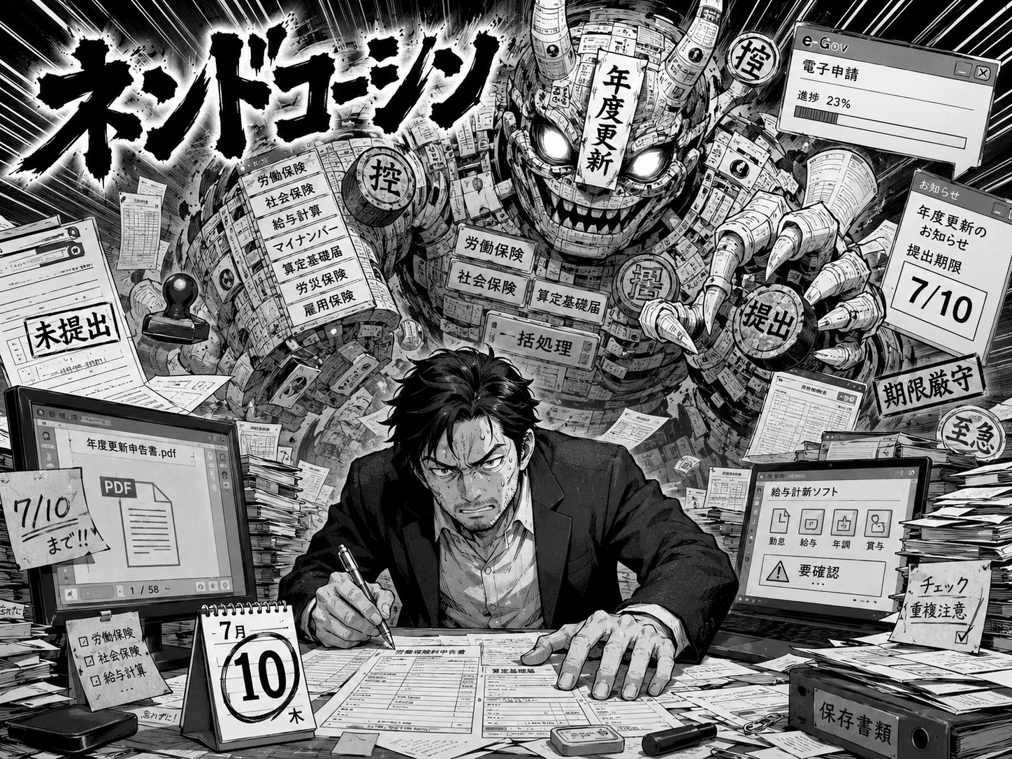 7月のバックオフィスに現れる大妖怪『ネンドコーシン』。労働保険・社会保険・給与計算・マイナンバー・算定基礎届…… 制度名の札をまとって『7/10まで』と経営者に襲いかかる
