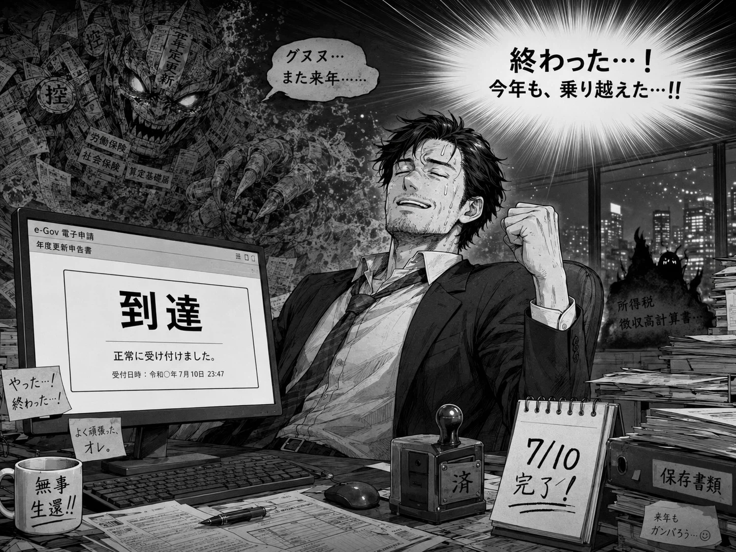 e-Gov電子申請『到達 正常に受け付けました』。大妖怪ネンドコーシンを背に、経営者は『終わった…！ 今年も、乗り越えた…!!』と無事生還のガッツポーズ。ハンコは『済』、カレンダーは7/10完了