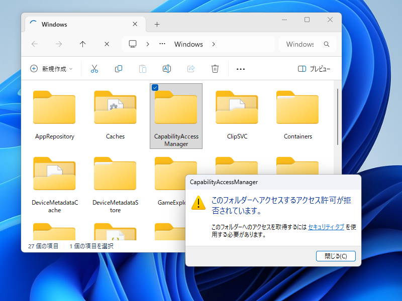 「CapabilityAccessManager」フォルダーは通常の管理者権限ではアクセスできない