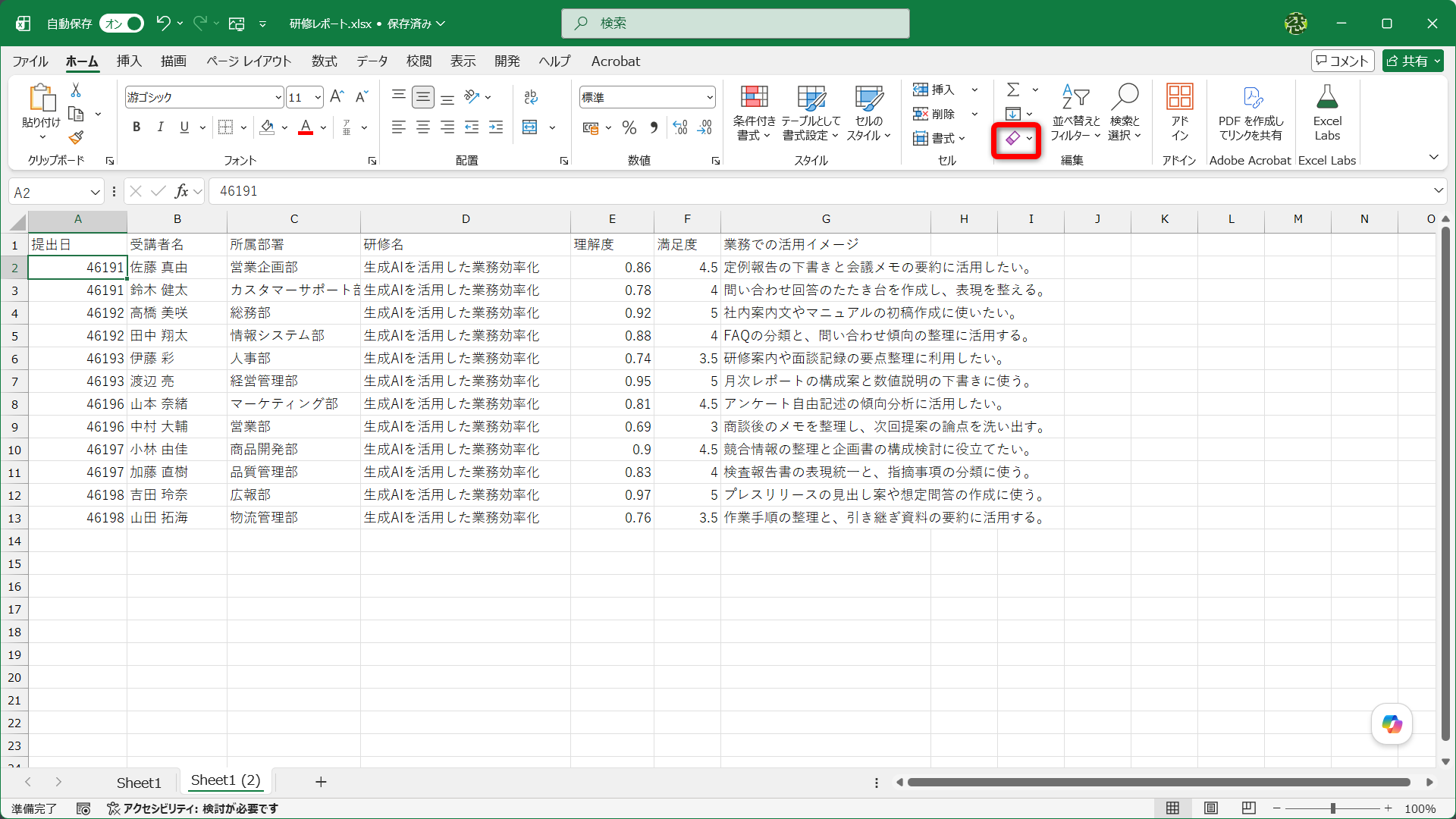 ［ホーム］タブにある［クリア］－［書式のクリア］ですべての書式をクリアした結果です。日付はシリアル値で表示され、パーセント表示は小数点に戻ります