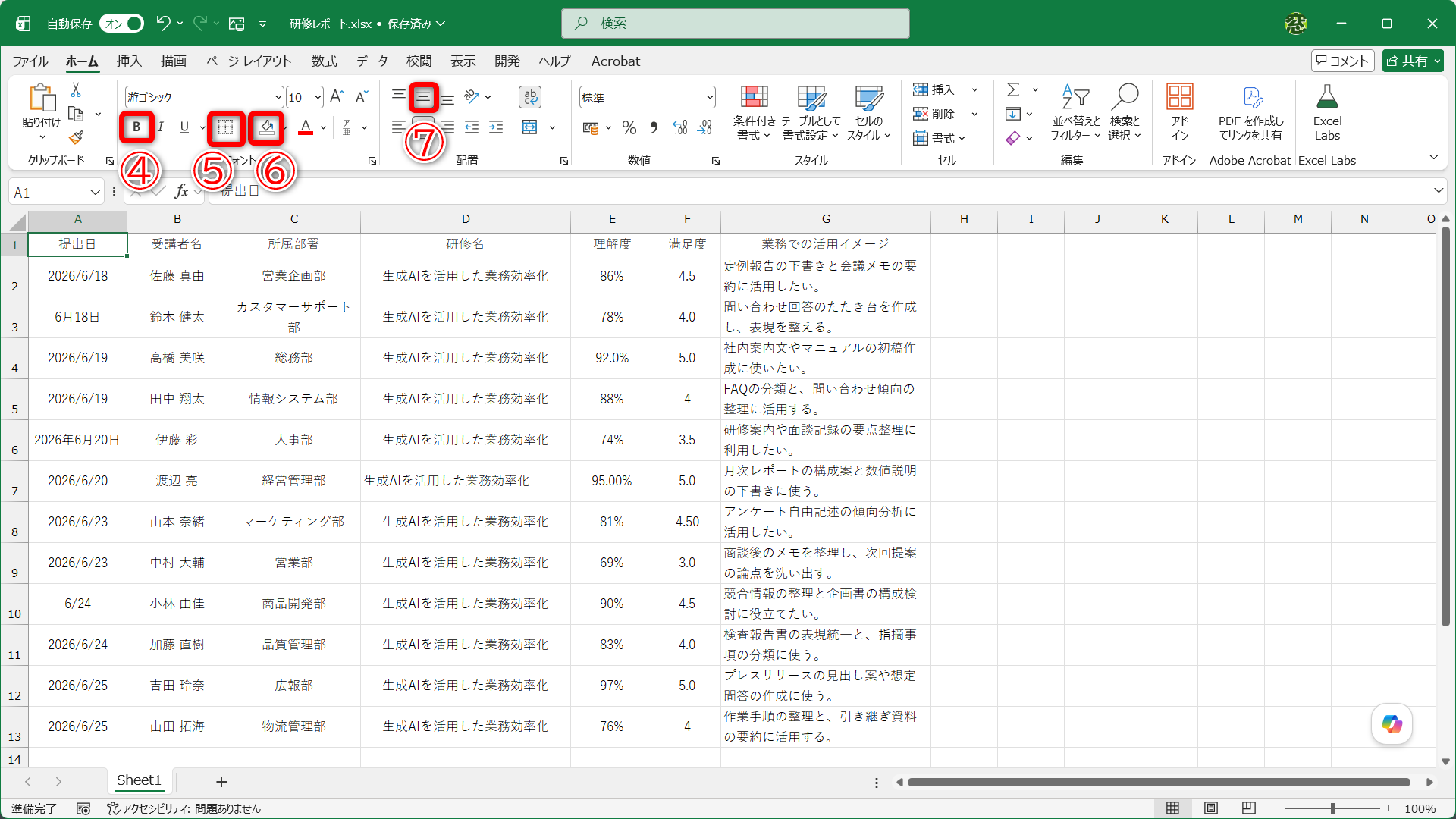 ［太字］（④）、［枠なし］（⑤）、［塗りつぶしなし］（⑥）、［上下中央揃え］（⑦）と設定します。なお、［上下中央揃え］はボタンが押された状態でも、選択範囲内に異なる配置が混在していることがあります。もう一度クリックすることで再設定されます