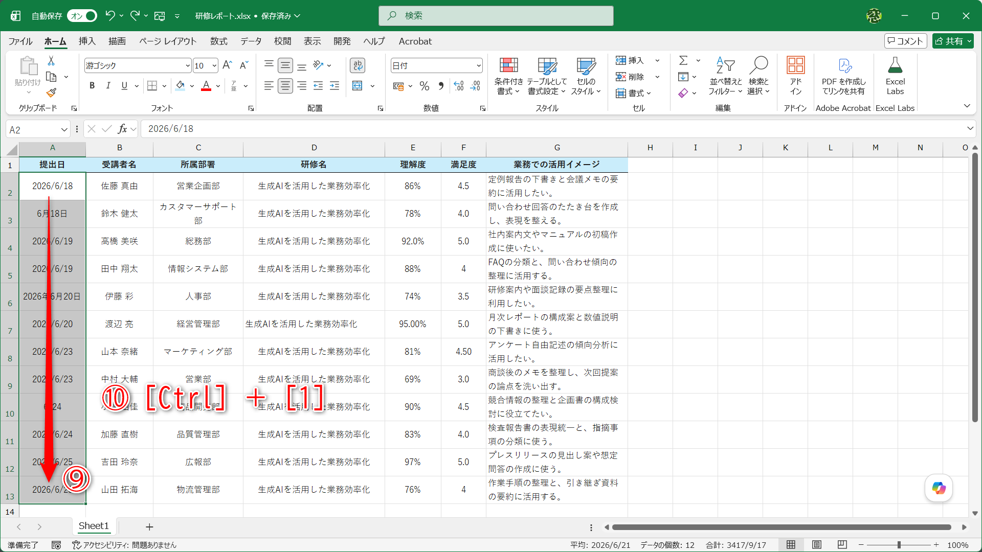 日付の入力されたセル範囲を選択して（⑨）、［Ctrl］＋［1］キーを押します（⑩）