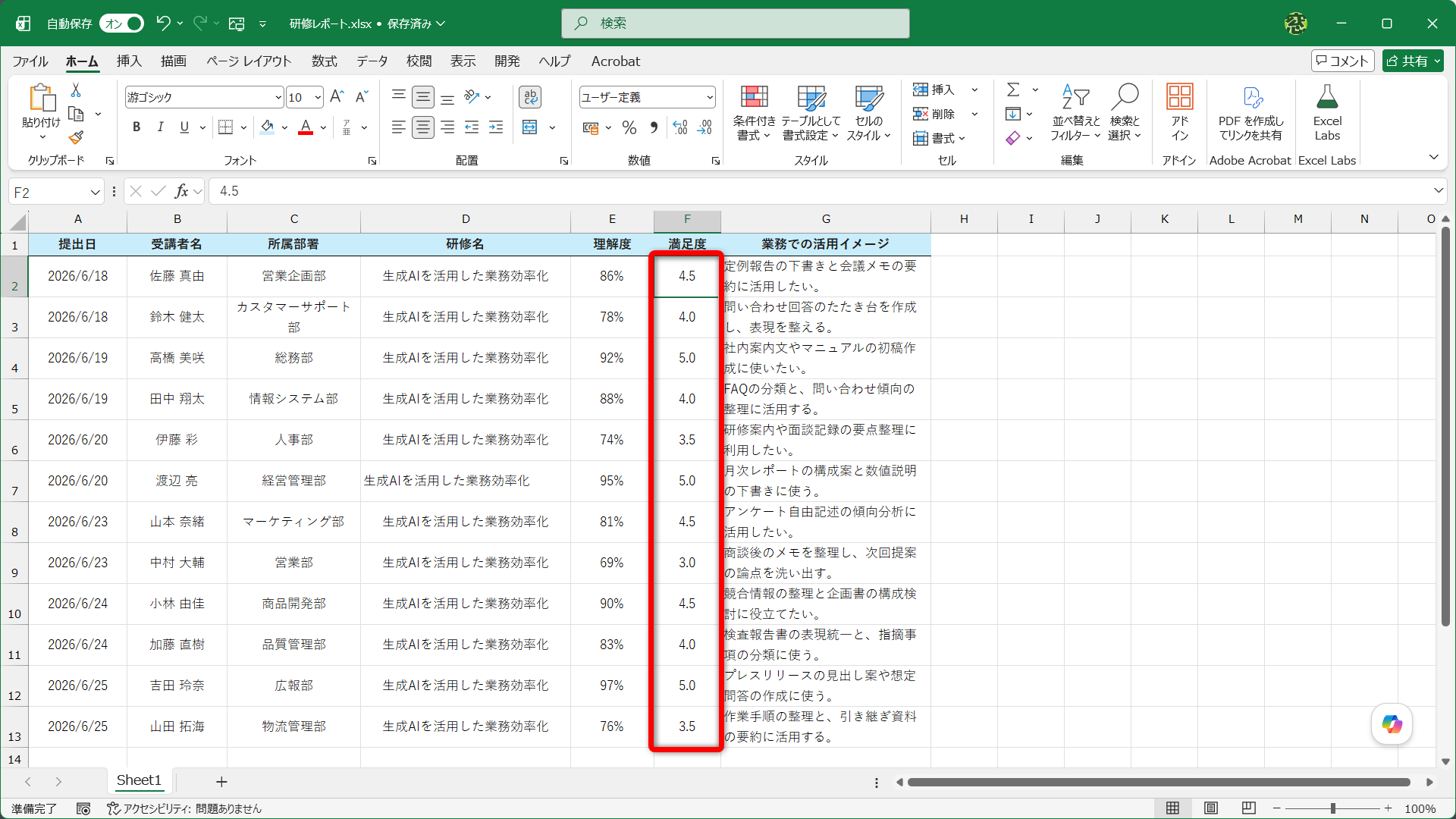 同様の手順で、満足度は小数点以下第一位に揃えておきます