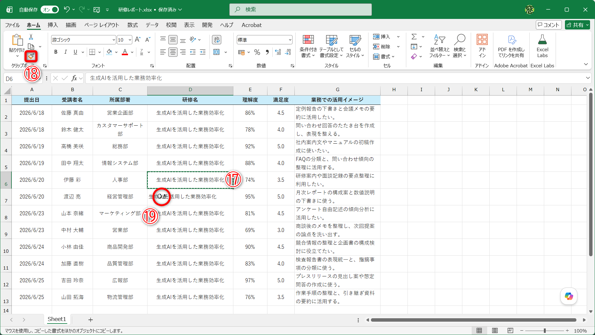 書式をコピーしたいセル（⑰）を選択して［書式のコピー/貼り付け］（⑱）をクリックします。続けて、コピー先のセルをクリックすると（⑲）書式が貼り付けられます