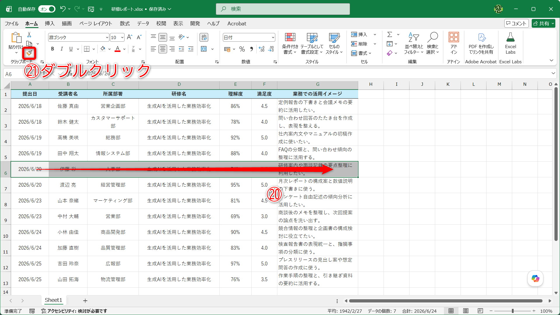 書式をコピーしたいセル範囲を選択して（⑳）、［書式のコピー/貼り付け］（㉑）をダブルクリックします