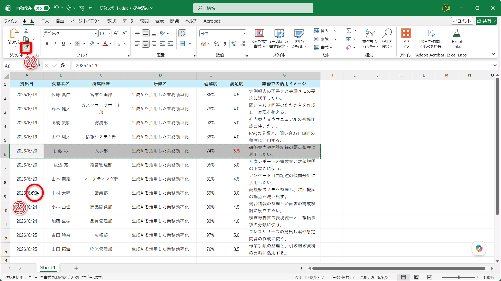 マウスポインターの形が変わり、［書式のコピー/貼り付け］ボタンが押された状態になります（㉒）。書式を貼り付けたいセルをクリックします（㉓）