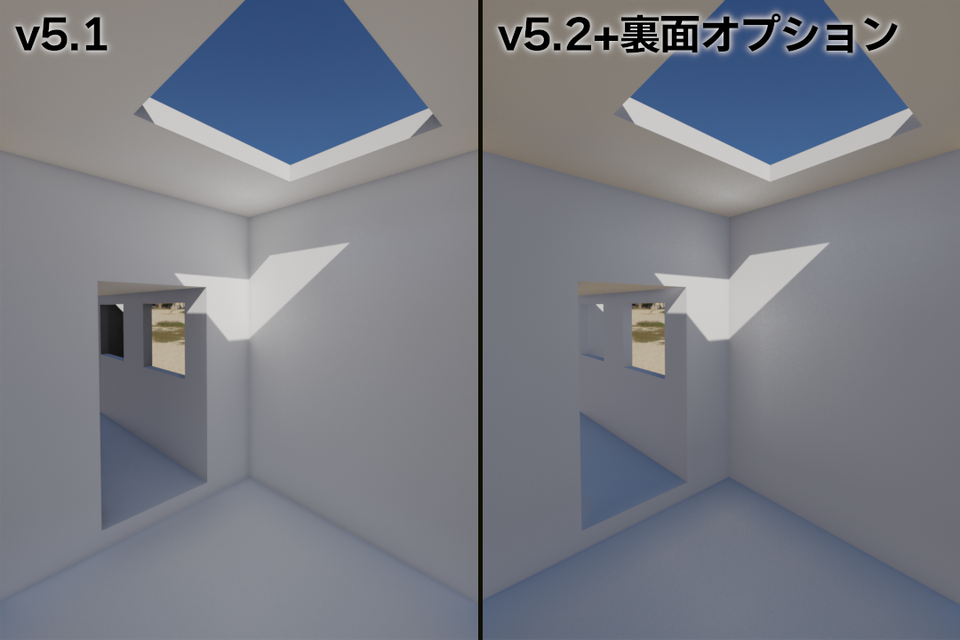 同じシーンをv5.1とv5.2＋［裏面］オプションでレンダリングした比較。奥へ続く通路の明るさが異なる